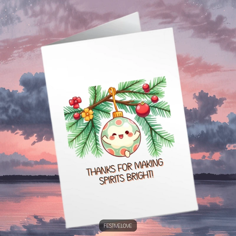 Funny Free Printable Thank You Card: Festive ornament twirls gleefully on a branch, expressing thanks with a happy, spinning motion.