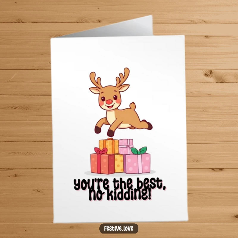 Funny Free Printable Thank You Card: Reindeer soaring over presents with a joyous expression, conveying heartfelt thanks with humor.