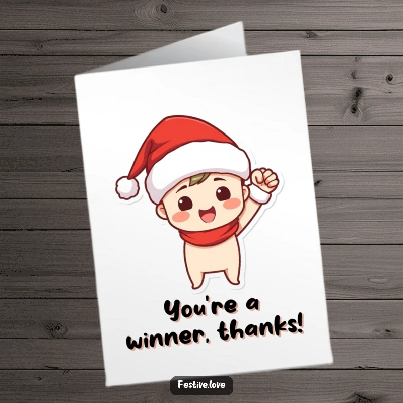 Funny Free Printable Thank You Card: Santa hat character executes a powerful fist pump, conveying joyful thanks and a festive spirit.
