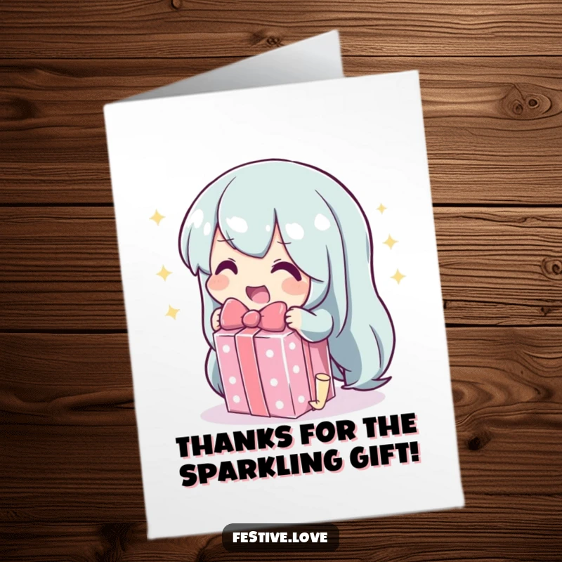 Funny Free Printable Thank You Card: A character gleefully unwraps a brightly sparkling gift, a symbol of thoughtful appreciation.