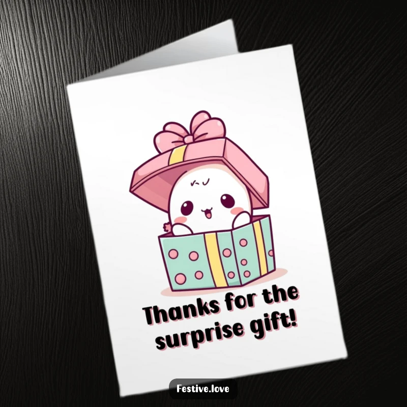 Funny Free Printable Thank You Card: A kawaii present character's lid bursting open in a comical display of surprise and thanks.