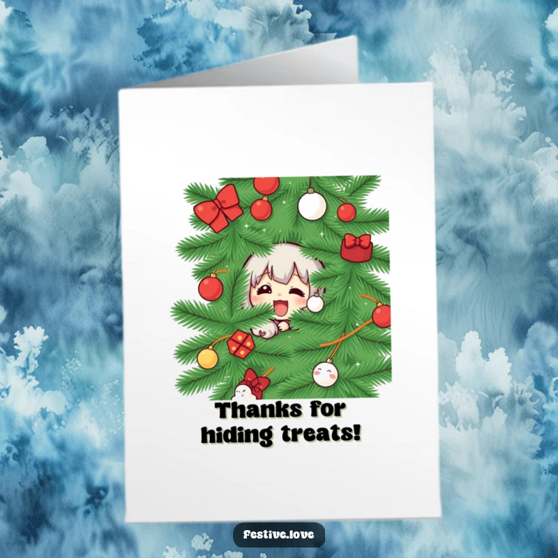 Funny Free Printable Thank You Card: A character excitedly peeks from behind a Christmas tree, offering a sweet, hidden message of thanks.