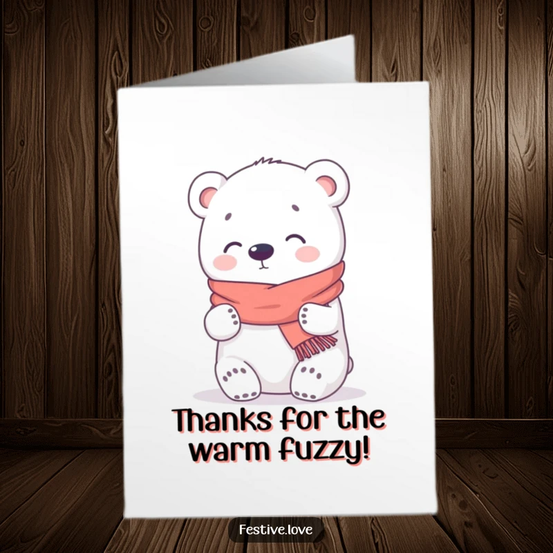 Funny Free Printable Thank You Card: A cute kawaii polar bear with a scarf, offering a gentle and warm hug.