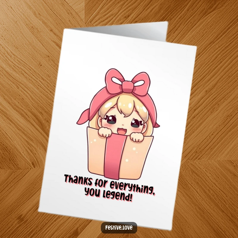 Funny Free Printable Thank You Card: A little present character with a big smile peeking from a ribbon, saying thanks.