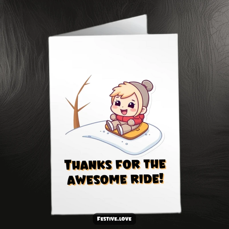 Funny free printable thank you card showing a character with a big grin sliding down a snowy slope, expressing joyful thanks.