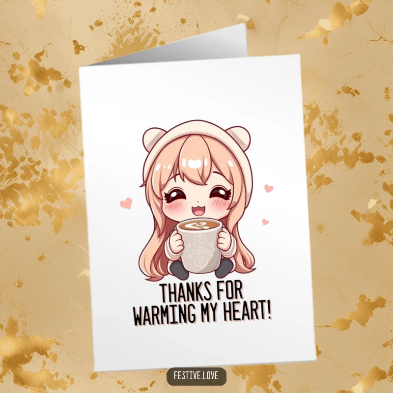 Funny free printable thank you card depicting a character with a joyful expression sharing a cup of hot cocoa, offering warm thanks.