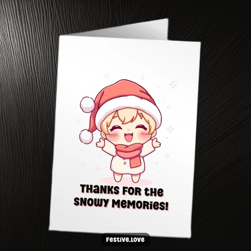 Funny free printable thank you card: Cute Santa character joyfully tossing sparkling snowflakes, a unique way to say thanks.