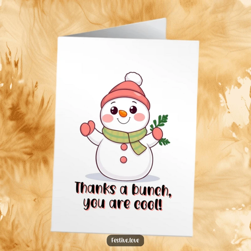 Funny Free Printable Thank You Card featuring a cheery snowman character waving a tiny evergreen branch, conveying heartfelt thanks.