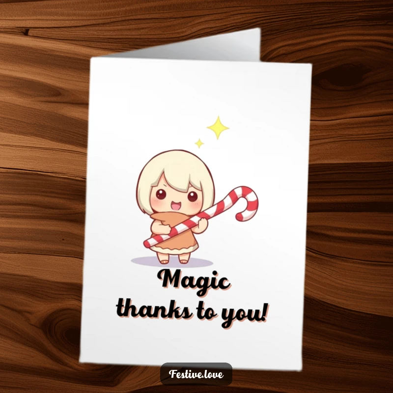 Funny Free Printable Thank You Card: Character uses a candy cane like a magic wand, a happy glint showing gratitude and delight.