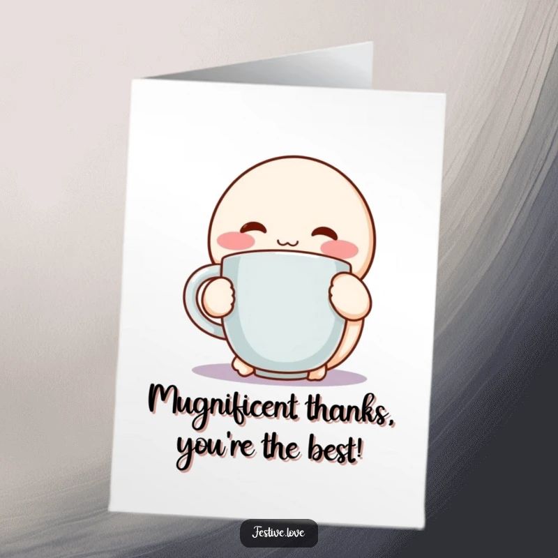 Funny free printable thank you card: A cute, round character with rosy cheeks hugging a steaming mug, conveying warmth.