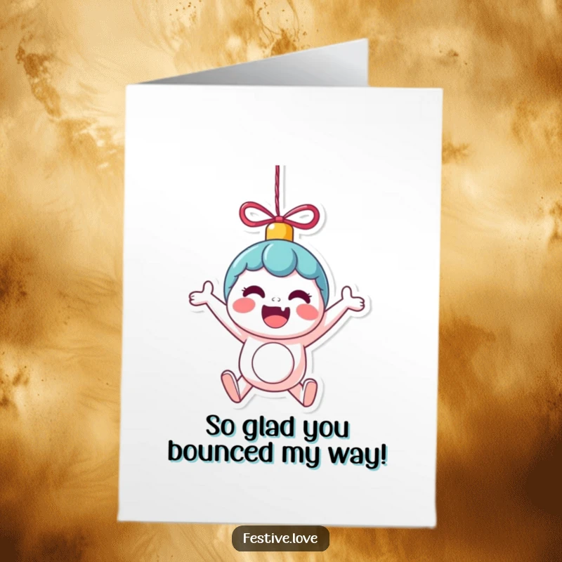 Funny Free Printable Thank You Card: A kawaii ornament character bouncing with extreme excitement, offering heartfelt thanks.