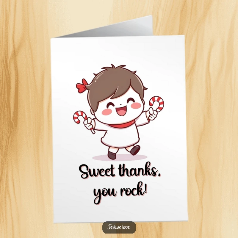 Funny free printable thank you card: Cheerful character dancing with tiny candy canes, a wide smile conveying delight.