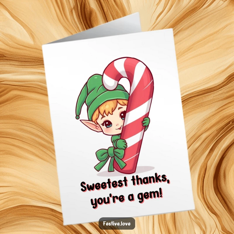 Funny Free Printable Thank You Card: Mischievous elf character peeking from behind a giant candy cane, showing thanks, playful.