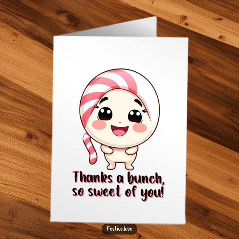 Funny Free Printable Thank You Card featuring a playful candy cane character with a wide smile, expressing heartfelt thanks.