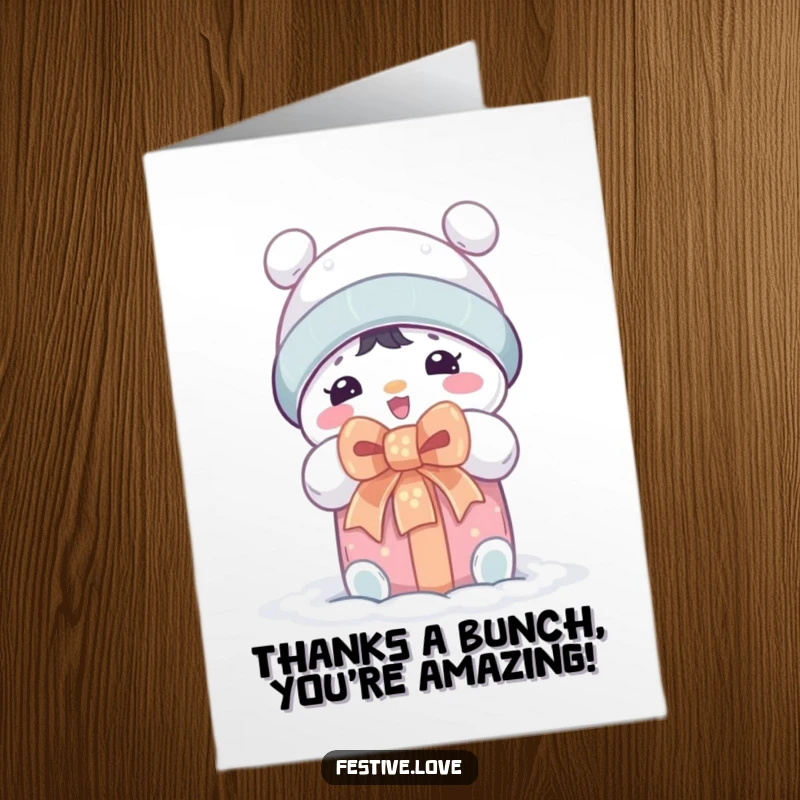 Funny Free Printable Thank You Card: Snow character happily unwraps a gift, expressing gratitude, cute winter design.