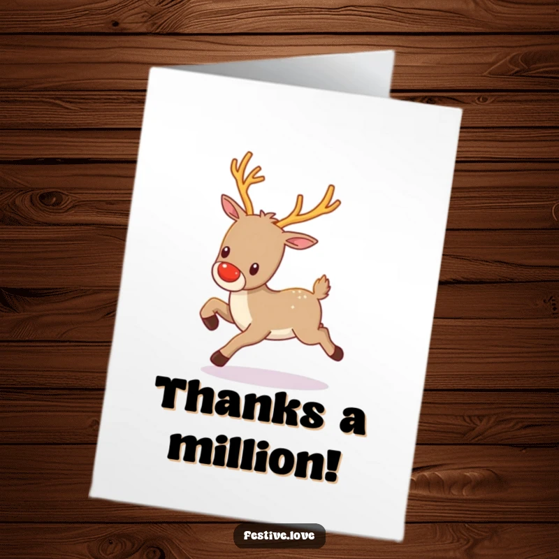 Funny Free Printable Thank You Card: A joyful kawaii reindeer with twinkling antlers prances with happy gratitude.
