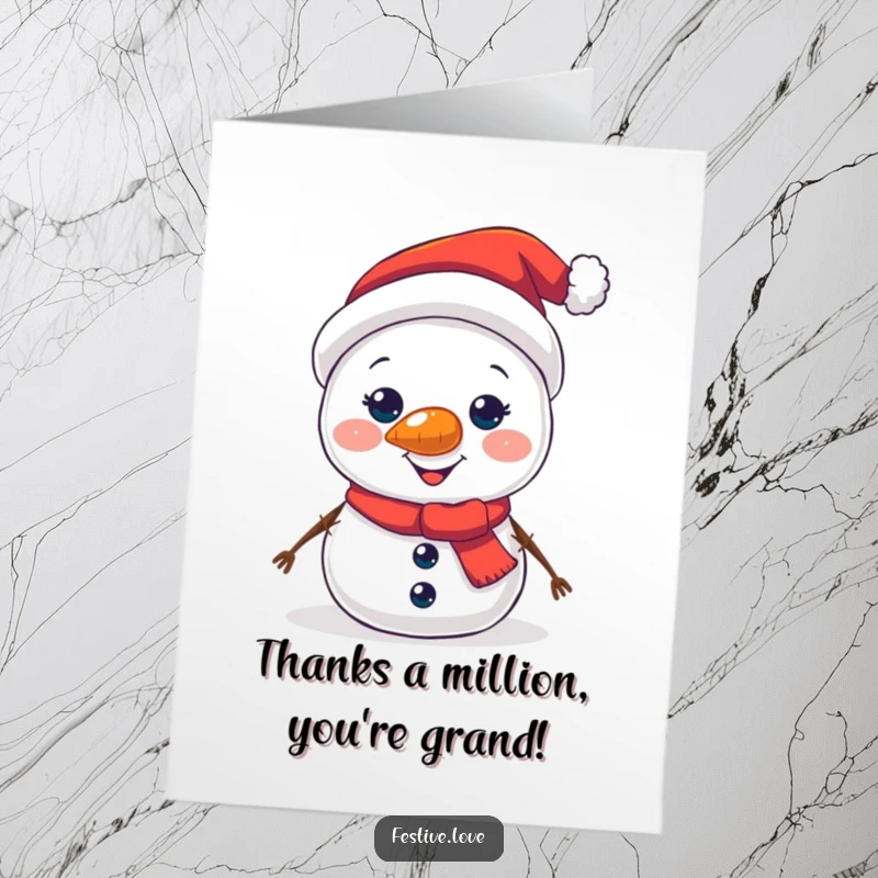Funny Free Printable Thank You Card: Jolly snowman with brightly glowing carrot nose, expressing thanks, winter.