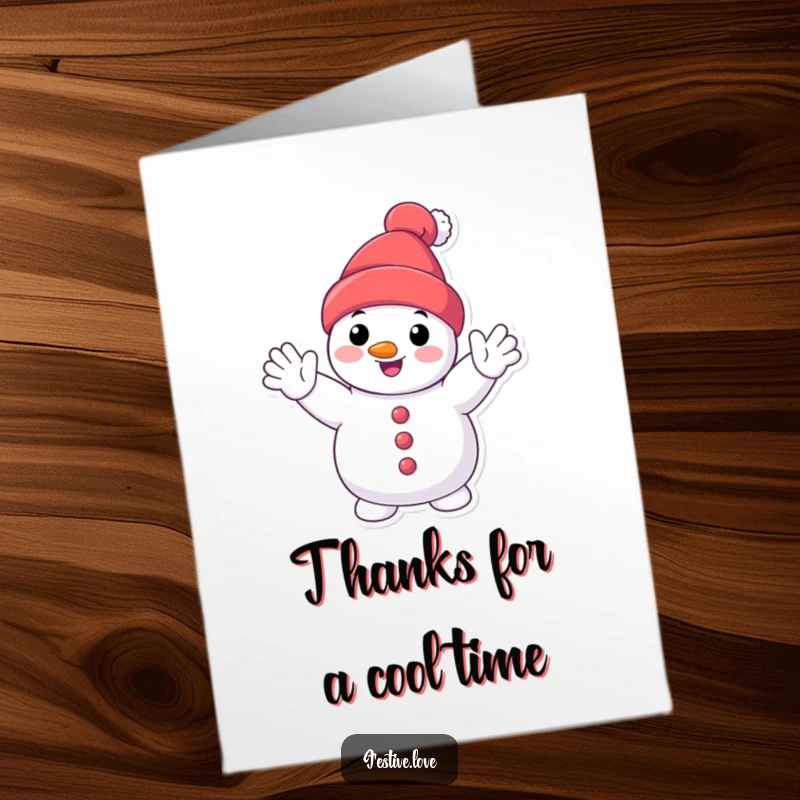 Funny Free Printable Thank You Card: A smiling snowman enthusiastically waves, conveying warm thanks despite the cold.