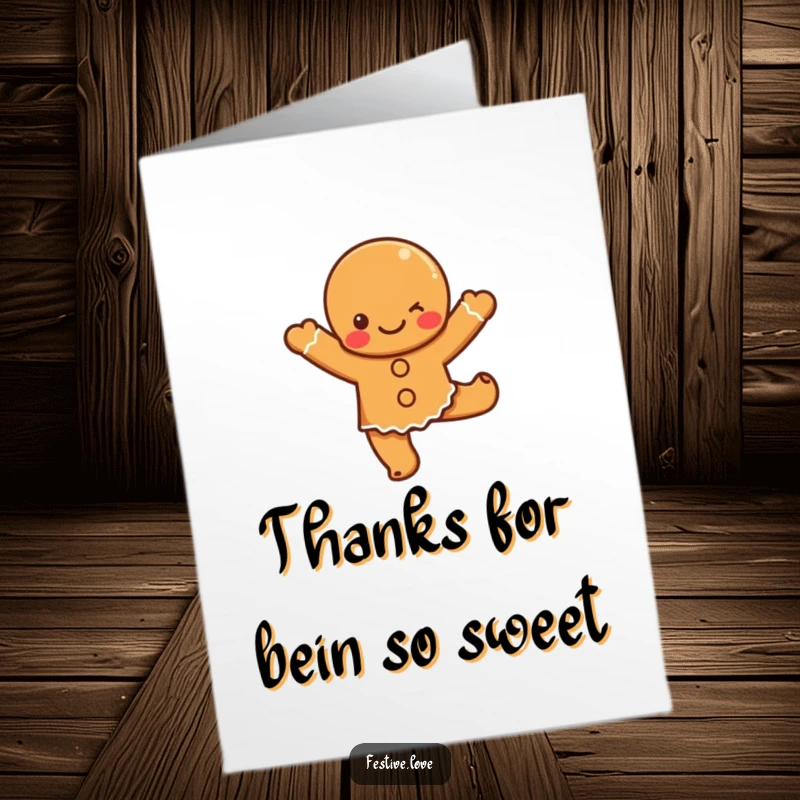 Funny Free Printable Thank You Card: A cute gingerbread character dances happily, showing their appreciation with a sweet smile.