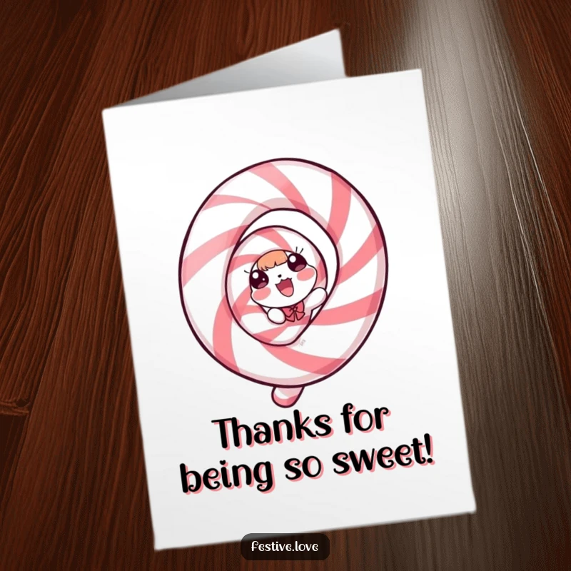 Funny Free Printable Thank You Card featuring a candy cane character spiraling with genuine delight and gratitude.