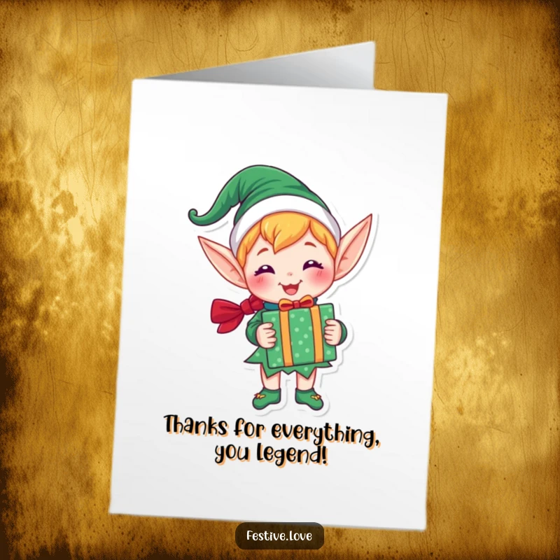 Free Printable Thank You Card: A gleeful elf presenting a brightly wrapped present, offering thanks with a warm smile.