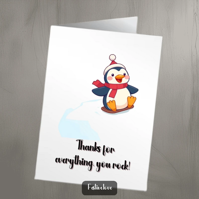 Funny Free Printable Thank You Card: Festive penguin character sliding down an icy hill, expressing thanks, winter theme.