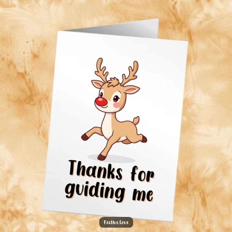 Funny Free Printable Thank You Card: A playful reindeer with a twinkling red nose prances joyfully, conveying sincere thanks.