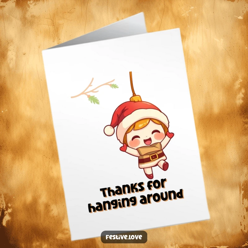 Funny Free Printable Thank You Card: A giggling Christmas ornament character swinging merrily, spreading festive gratitude.
