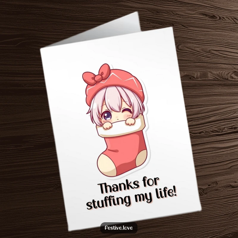 Funny free printable thank you card of a character playfully peeking out of a stocking, offering a delightful expression of thanks.
