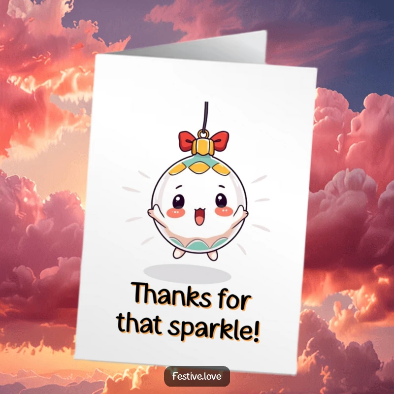 Free Printable Thank You Card: A surprised Christmas ornament in a rapid spin, offering dizzying thanks.