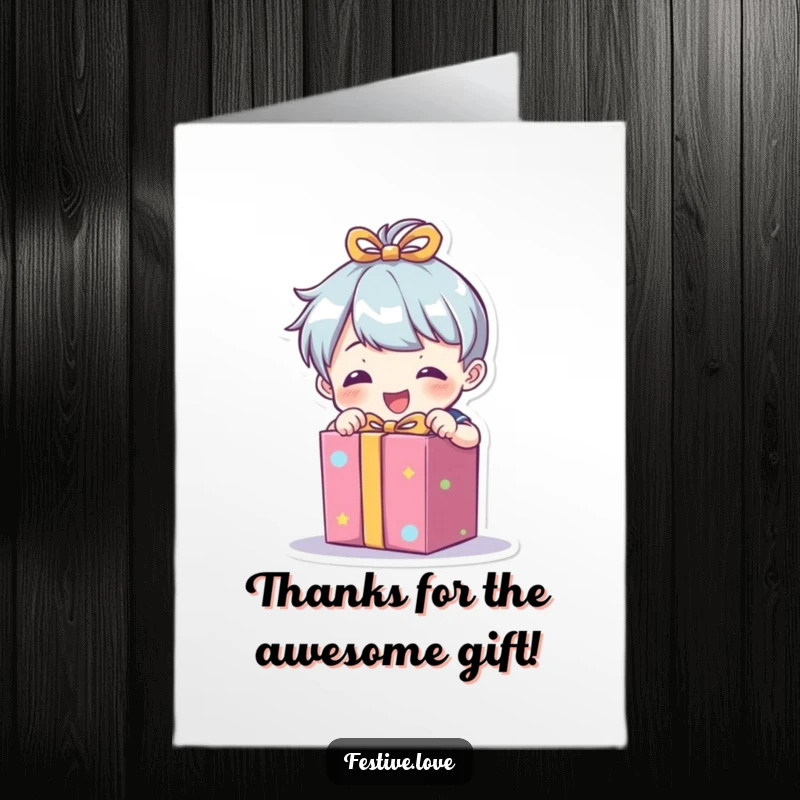 Funny free printable thank you card: A little character enthusiastically unwrapping a brightly colored present, showing appreciation.