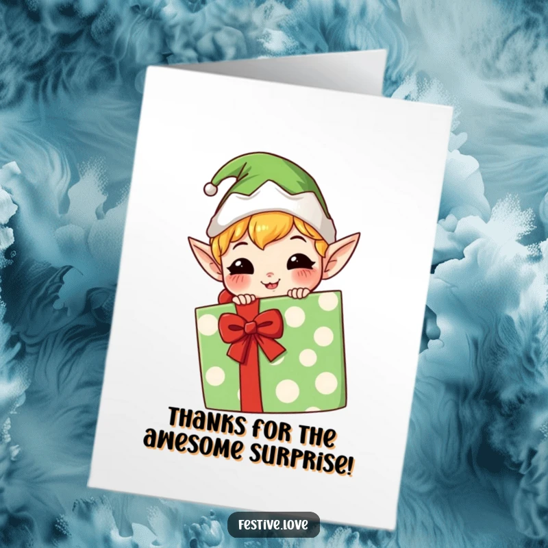 Funny Free Printable Thank You Card: A kawaii elf peeking with a grin from behind a large gift, saying thanks.