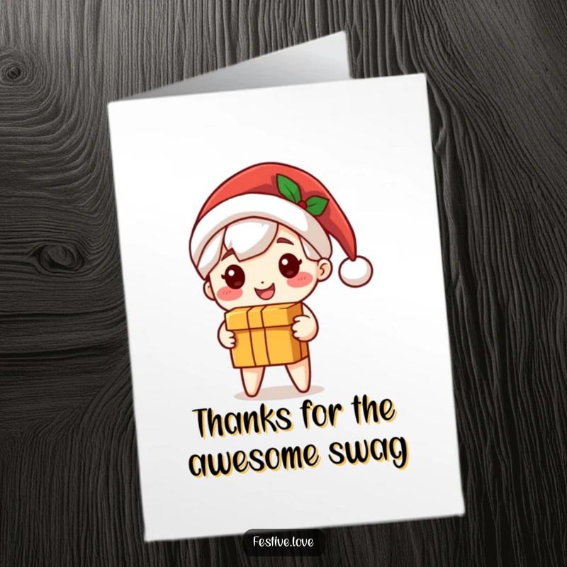Funny Free Printable Thank You Card: Cute Santa character wearing a hat, smiling, and holding out a gift box in thanks.
