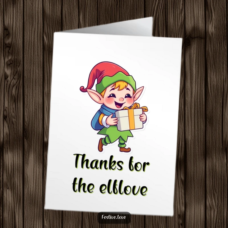 Funny Free Printable Thank You Card: A jolly elf character grins, holding out a gift as a token of thanks.