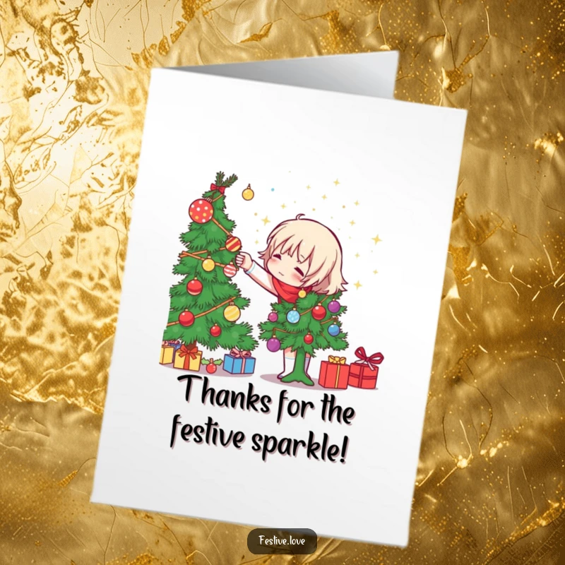 Funny Free Printable Thank You Card: Character joyfully decorating a tree, tossing sparkly ornaments with a smile.