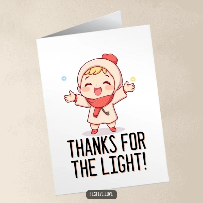 Funny Free Printable Thank You Card: Joyful character happily juggles glowing lights, conveying thanks with a radiant and cheerful spirit.