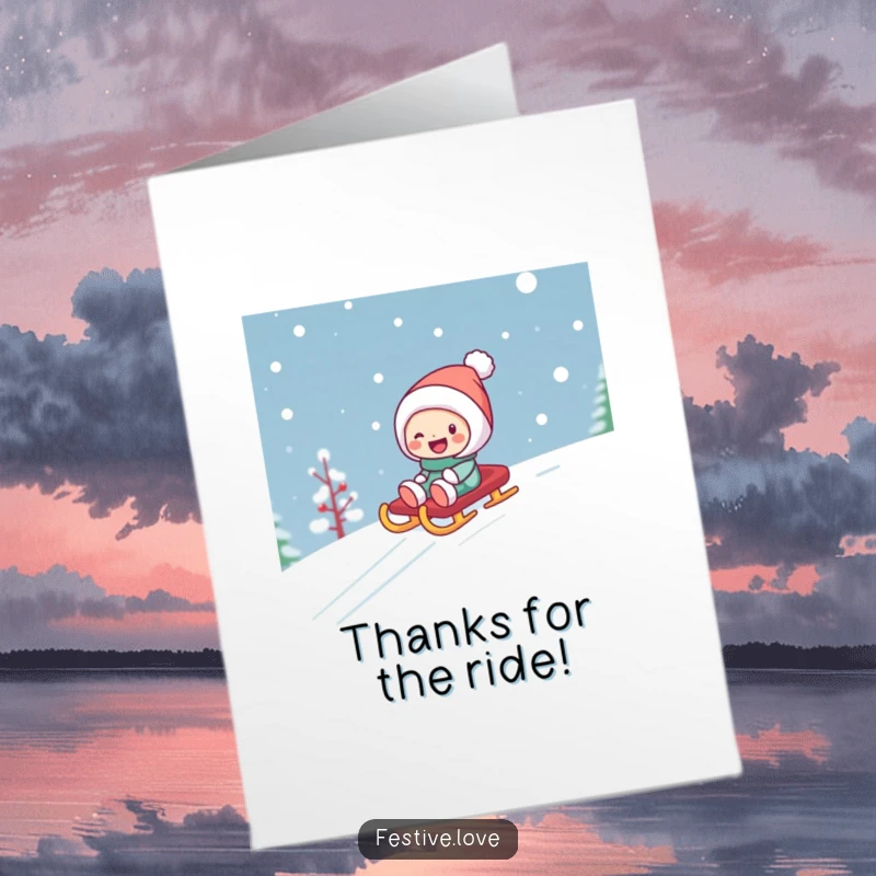 Funny Free Printable Thank You Card: A cheerful character sleds downhill, giggling, bringing a fun and festive thank you note.