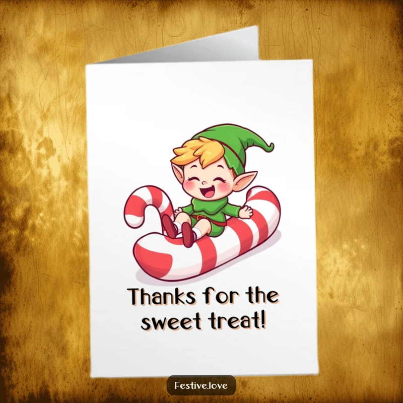 Funny Free Printable Thank You Card: Happy elf character sliding down a giant candy cane, expressing thanks.