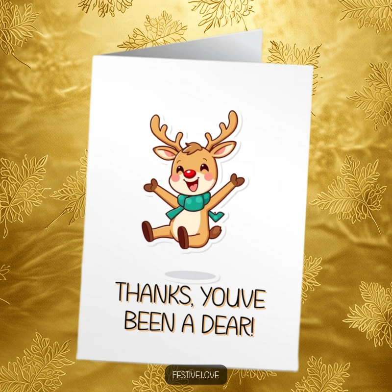 Funny Free Printable Thank You Card: A cheerful reindeer leaping with enthusiasm, conveying heartfelt thanks.