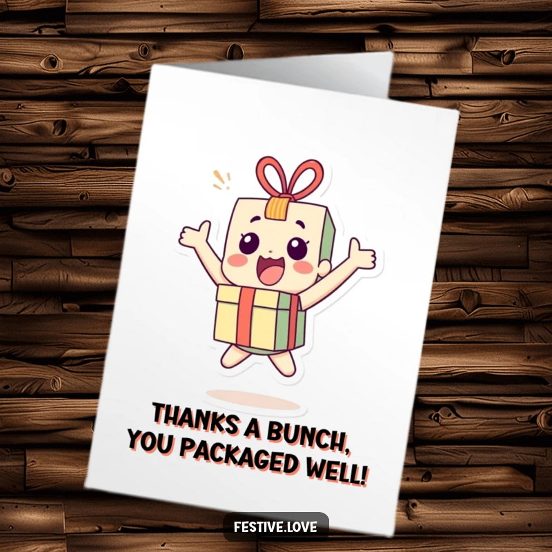 Funny Free Printable Thank You Card with an excited little present character bouncing with joy, offering thanks with high energy.