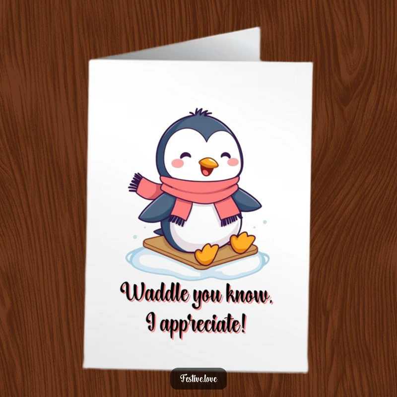 Funny Free Printable Penguin Thank You Card: Penguin wearing a scarf happily sliding on ice, sending thanks.