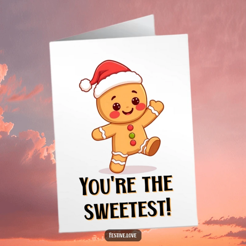 Funny Free Printable Thank You Card: A kawaii gingerbread man adorned with a Santa hat dances with pure glee.
