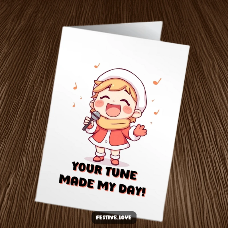 Funny Free Printable Thank You Card: Happy carol singer smiles wide while singing, conveying thanks with a joyful, musical spirit.