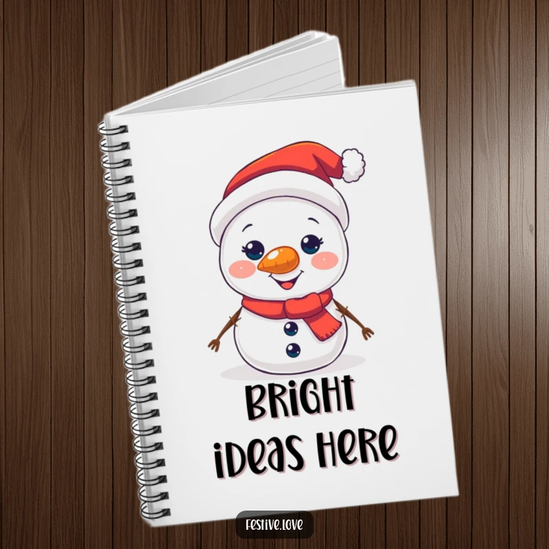 Funny notebook cover depicting a happy snowman character with a brightly glowing carrot nose and twig arms.