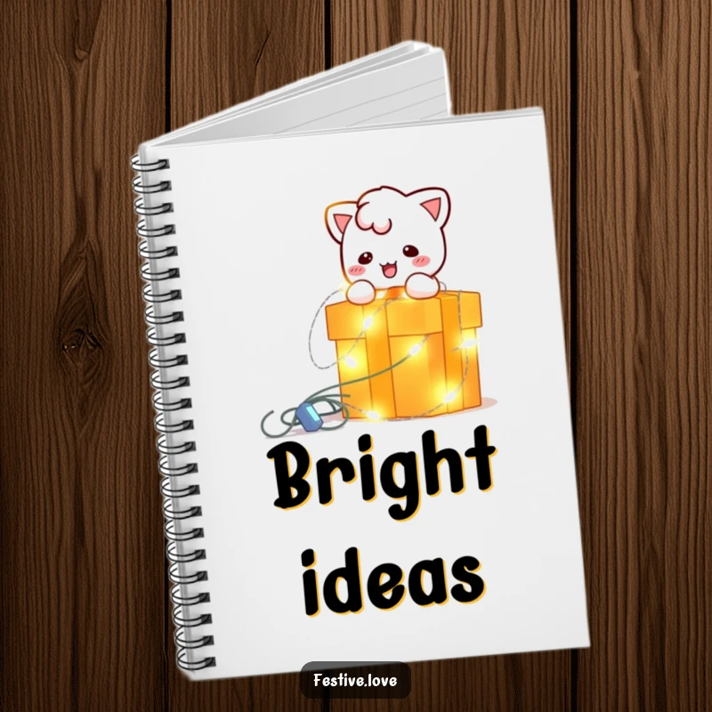 Funny notebook featuring a bright, blinking string light character playfully wrapping a gift box, perfect for jotting down holiday ideas.