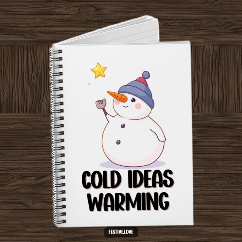Funny snowman notebook with a snowman gazing at a falling star, ideal for writing winter wishes.