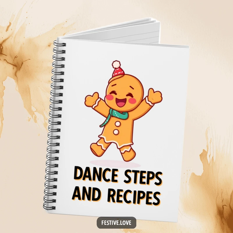 Funny notebook with a giggling gingerbread man character doing a festive jig, designed for capturing holiday ideas with cheer.