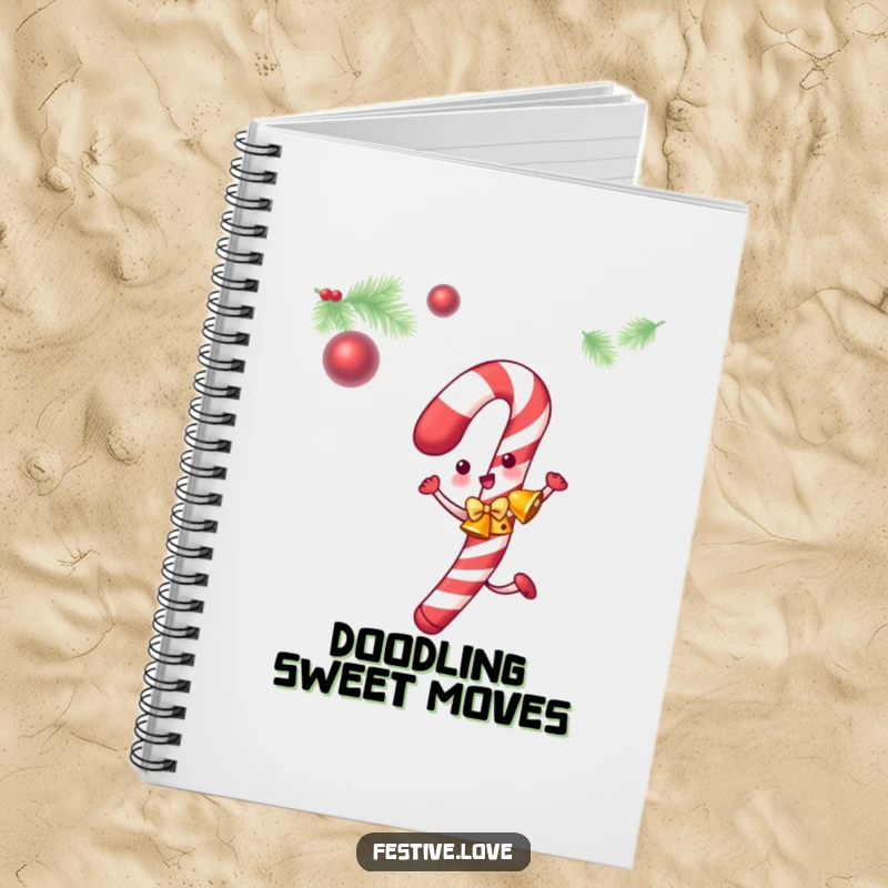 Funny candy cane notebook featuring a dancing candy cane with jingle bells, ideal for holiday notes.