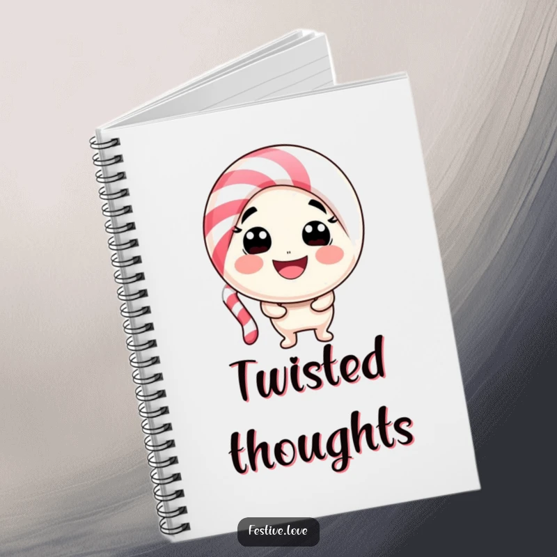 Funny candy cane character notebook bending into a happy smile, ideal for jotting down sweet thoughts and holiday inspirations.
