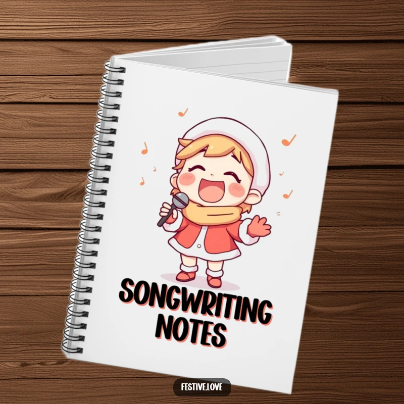 Funny notebook featuring a happy carol singer character singing with a wide smile, perfect for jotting down holiday ideas and lyrics.